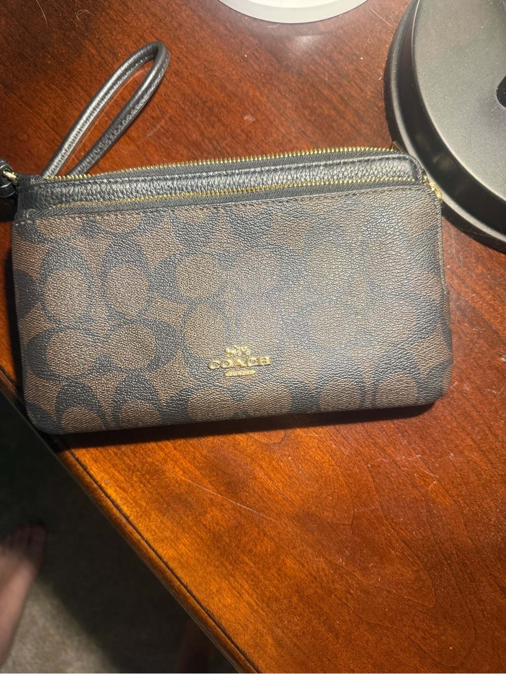 Coach Dark Brown Signature Canvas Wristlet with Gold Logo